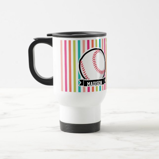 Colourful Stripes; Personalised Softball Travel Mug (Left)