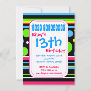 Colourful Stripes Polka Dots Birthday Invitations