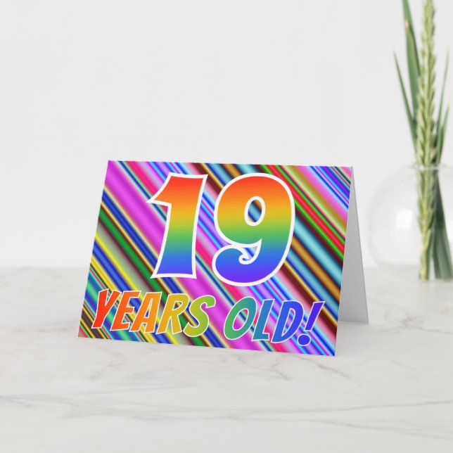 Colourful Stripes + Rainbow Pattern "19 years old! Card (Front)