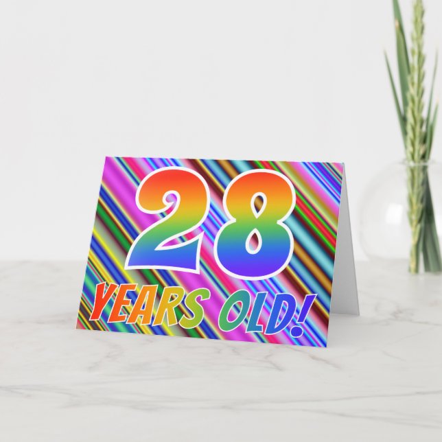 Colourful Stripes + Rainbow Pattern "28 years old! Card (Front)