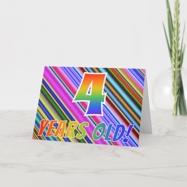 Colourful Stripes + Rainbow Pattern "4 years old!" Card (Front)