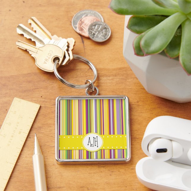 Colourful Stripes, Rainbow Stripes, Monogram Key Ring (Desk)