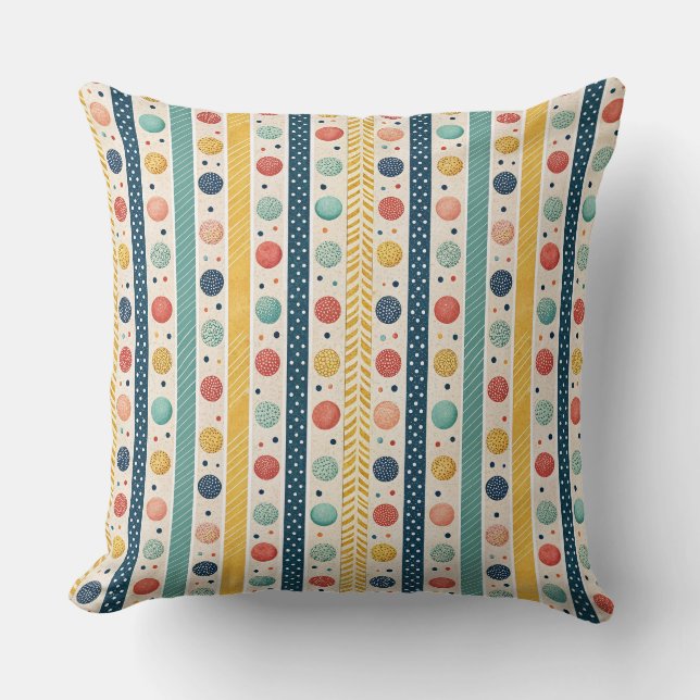Colourful Stripes & Textured Polka Dots Pattern Cushion (Front)