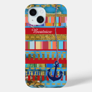 colourful stripes with anchor and name iPhone 15 case