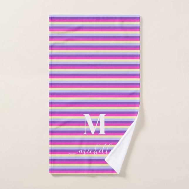 Colourful Stripes with Monogram Script  Hand Towel (Hand Towel)