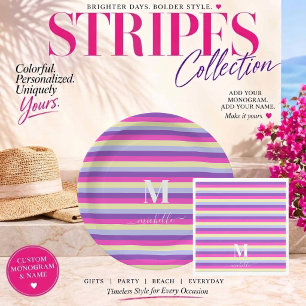 Colourful Stripes with Monogram Script Paper Plate
