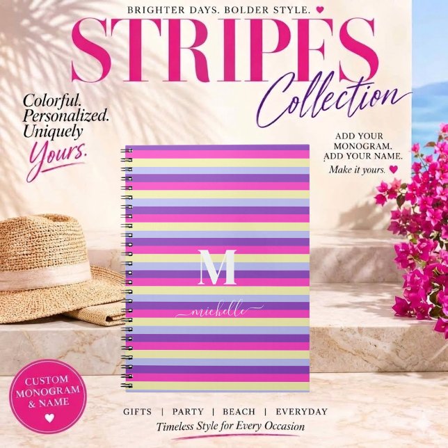 Colourful Stripes with Monogram Script  Planner (Colorful Stripes Collection -Monogram and Script-Purple Pink Yellow and Blue)