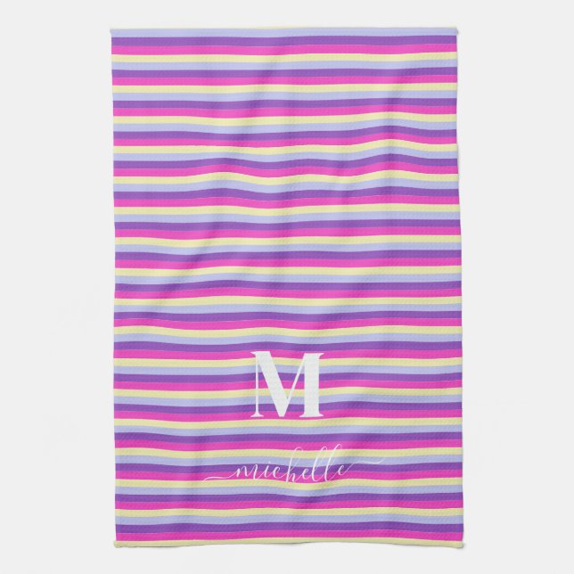 Colourful Stripes with Monogram Script  Tea Towel (Vertical)