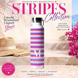 Colourful Stripes with Monogram Script Water Bottle