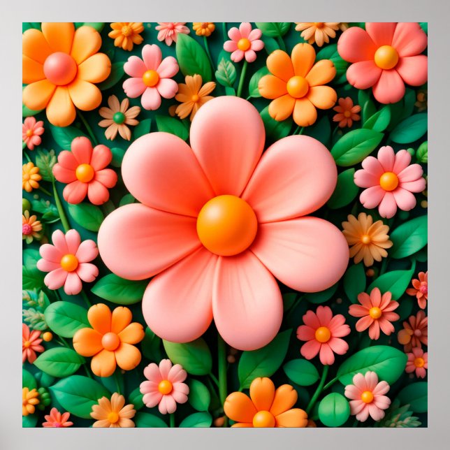 Colourful, stylised 3d flowers poster (Front)