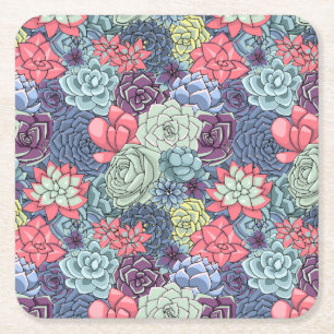 Colourful Succulent Pattern Square Paper Coaster