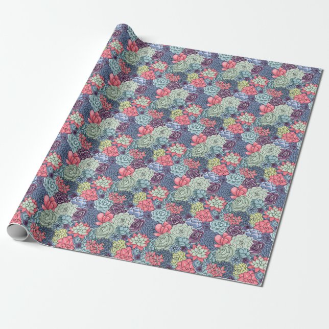 Colourful Succulent Pattern Wrapping Paper (Unrolled)
