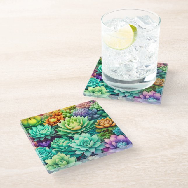 Colourful Succulents Collage Glass Coaster (Angled)