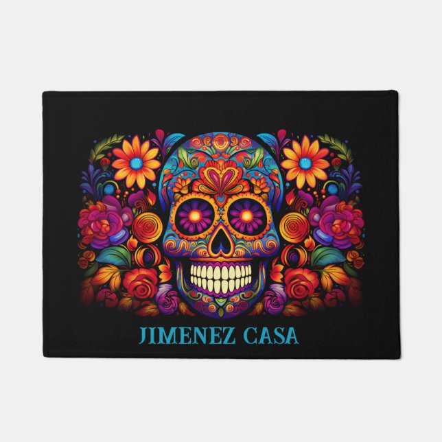 Colourful Sugar Skull Add Name Day of the Dead Doormat (Front)