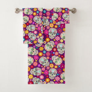 Colourful Sugar Skull and Flower Fiesta Purple Bath Towel Set