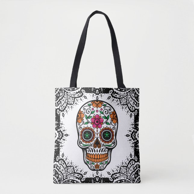 Colourful Sugar Skull Black Paisley Frame Tote Bag (Front)