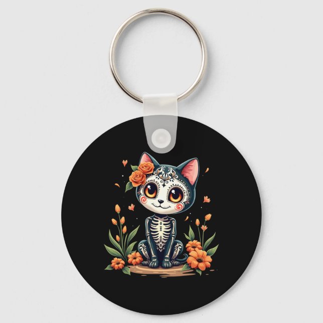 Colourful Sugar Skull Cat Mexican Halloween Key Ring (Front)