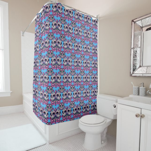 Colourful Sugar Skull Cat Pattern Shower Curtain (In Situ)