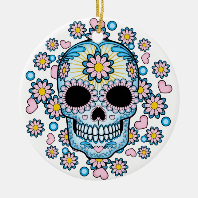 Colourful Sugar Skull Ceramic Tree Decoration (Front)