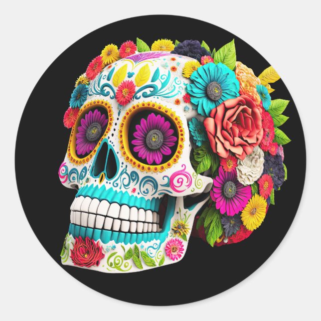 Colourful Sugar Skull Day of the Dead Calaveras Classic Round Sticker (Front)