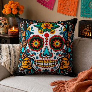 Colourful Sugar Skull Day of the Dead Mexican Folk Cushion
