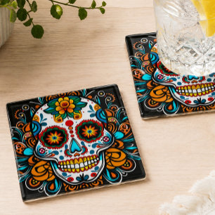 Colourful Sugar Skull Día de los Muertos Glass Coaster
