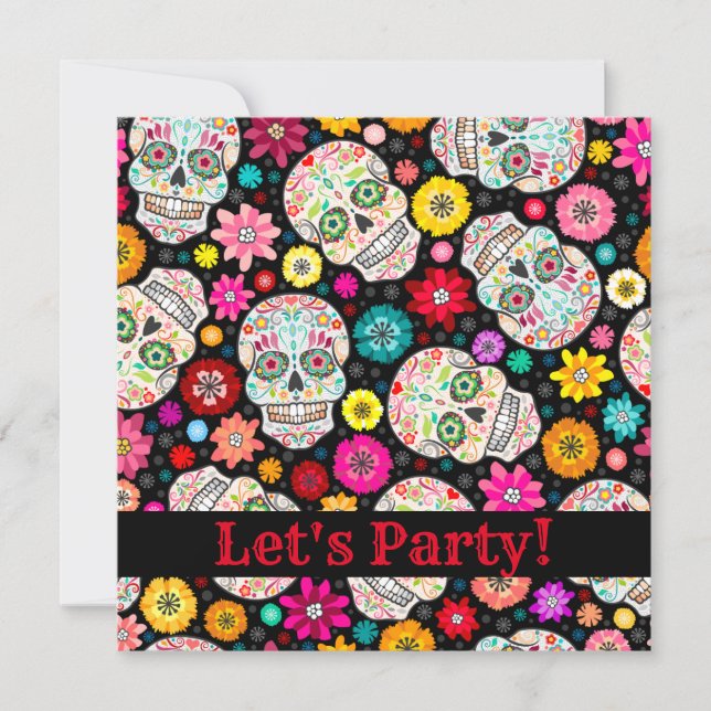 Colourful Sugar Skull Fiesta on Black Party Invite (Front)