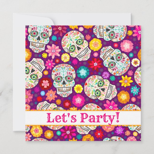 Colourful Sugar Skull Fiesta on Purple Party Invit Invitation (Front)