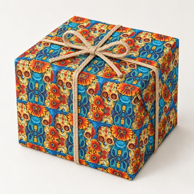 Colourful Sugar Skull Floral Folk Art Pat Wrapping Paper (Creator Uploaded)