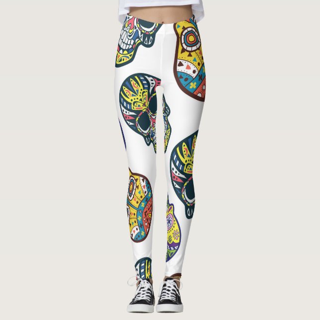 Colourful sugar skull: intricate pattern. leggings (Front)