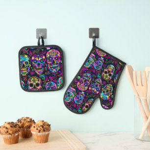 Colourful Sugar Skull Oven Mitt & Pot Holder Set