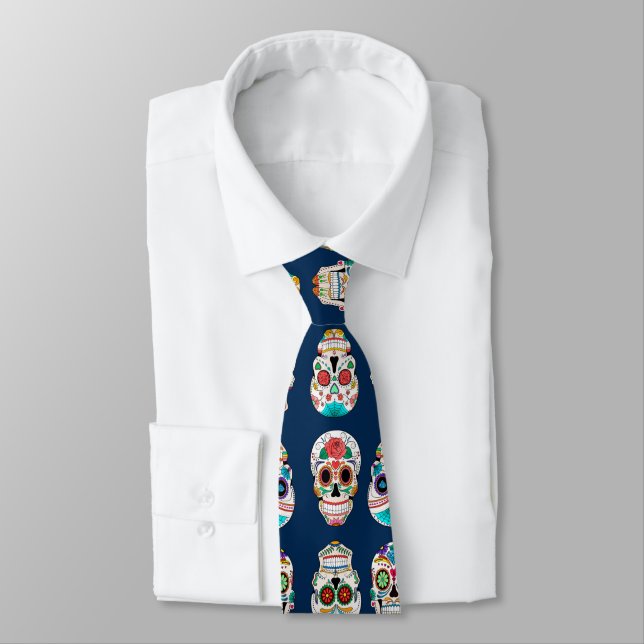 Colourful Sugar Skull Pattern Tie (Tied)