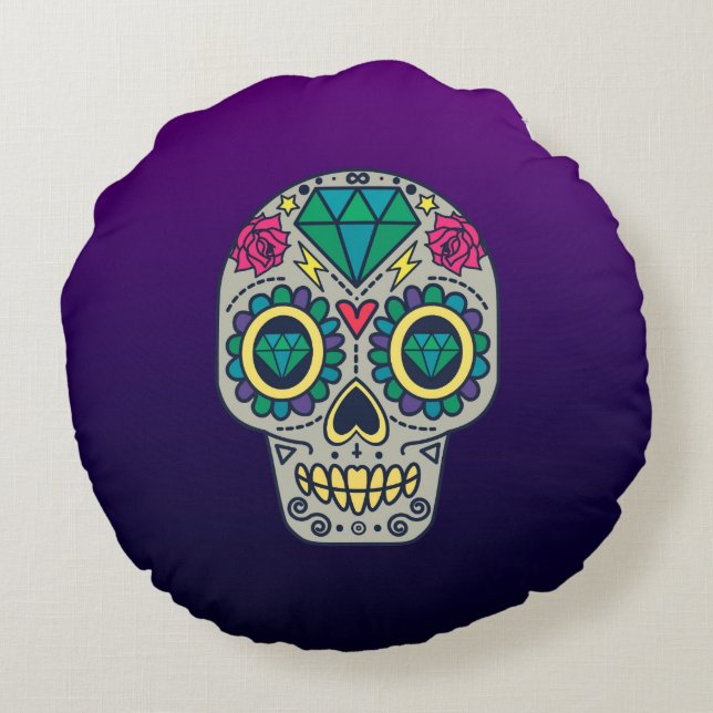 Colourful Sugar Skull Purple Ombre Round Cushion (Back)