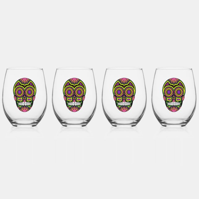 Colourful Sugar Skull Stemless Wine Glass (Front)