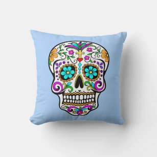 Colourful Sugar Skull with Cross and Flowers Cushion