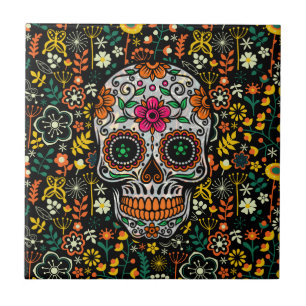 Colourful sugar Skull With Retro Flowers Backgroun Tile