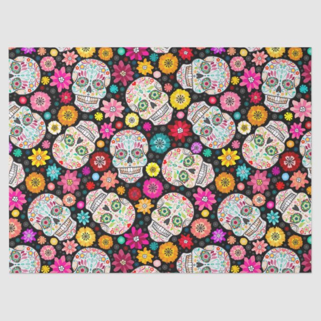 Colourful Sugar Skulls Flowers Fiesta Black Tissue Paper (Front)