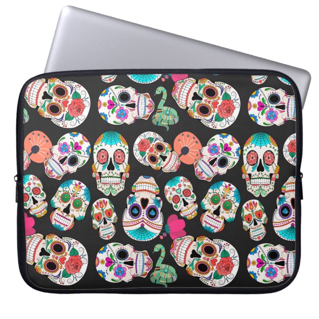 Colourful Sugar Skulls on Black Laptop Sleeve (Front)