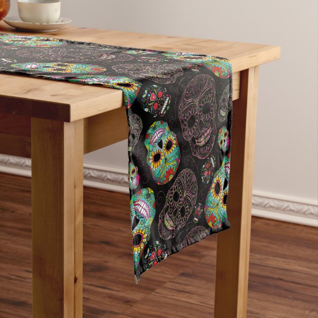 Colourful Sugar Skulls Pattern Medium Table Runner (In Situ)