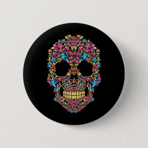 Colourful Sugar Skulls With Flowers And Birds _ 6 Cm Round Badge