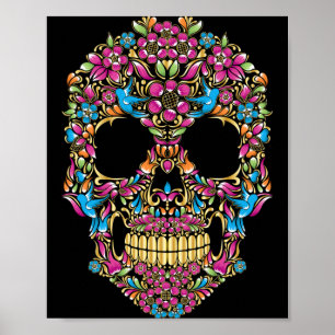 Colourful Sugar Skulls With Flowers And Birds _ Poster