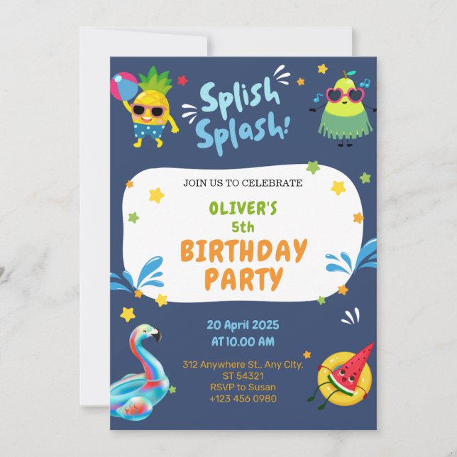 Colourful Summer 5th Birthday Party Invitation   (Front)