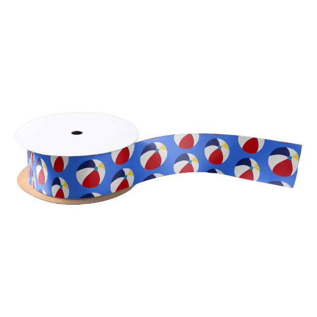 Colourful Summer Beach Ball Pattern Blue Satin Ribbon (Spool)