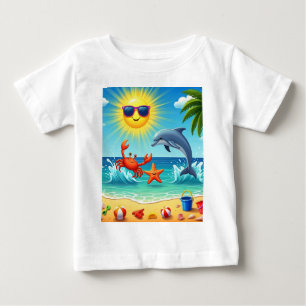 Colourful Summer Beach Crab Dolphin Blue Sky Baby T-Shirt