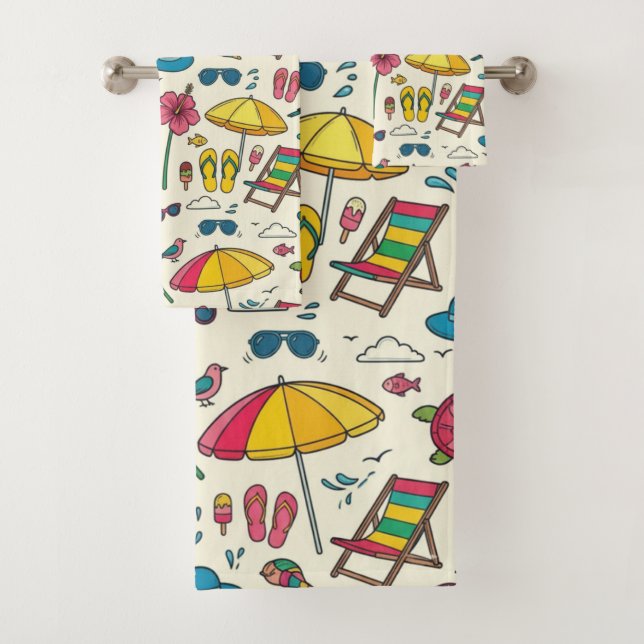 Colourful Summer Beach Umbrella Pattern Bath Towel Set (Insitu)