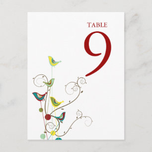 Colourful Summer Birds and Swirls Table Number Car Postcard