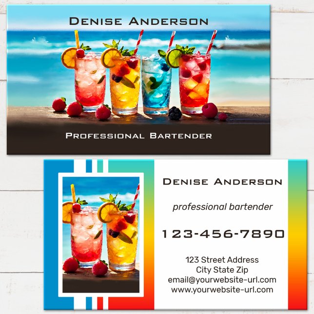 Colourful Summer Cocktail Beach Bartender  Business Card (Eye catching business card featuring colorful tropical cocktails on the beach - bartender - bar)