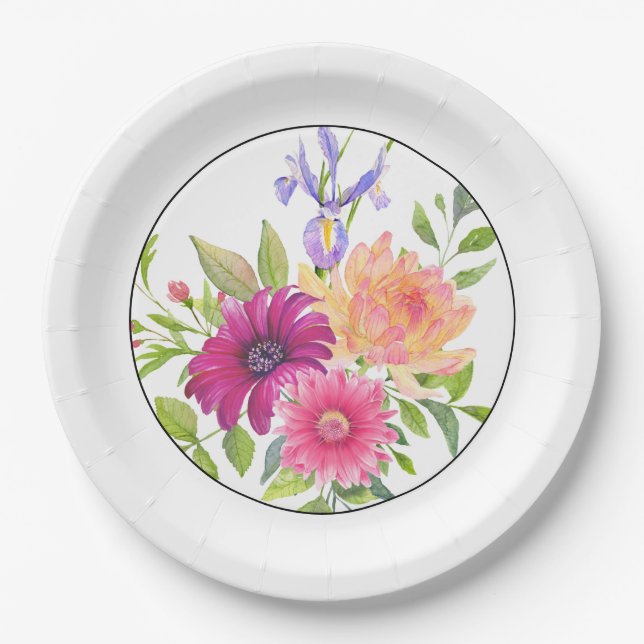 Colourful Summer Floral Art Daisy & Iris Paper Plate (Front)