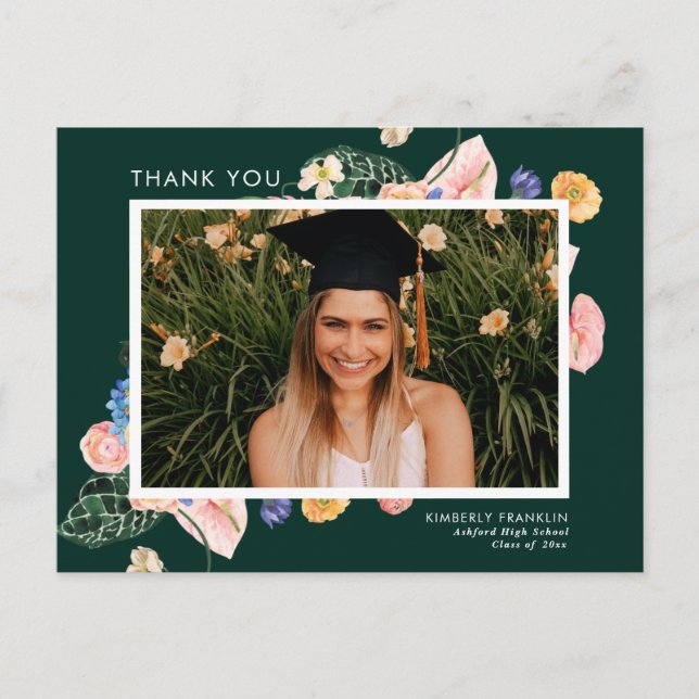 Colourful Summer Floral Graduation Photo Thank You Postcard (Front)