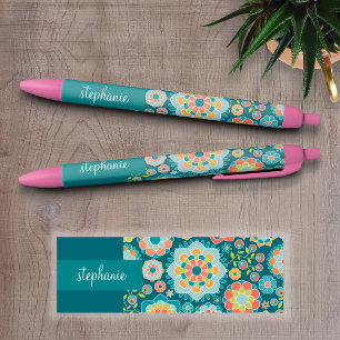 Colourful Summer Floral Pattern Custom Name Black Ink Pen